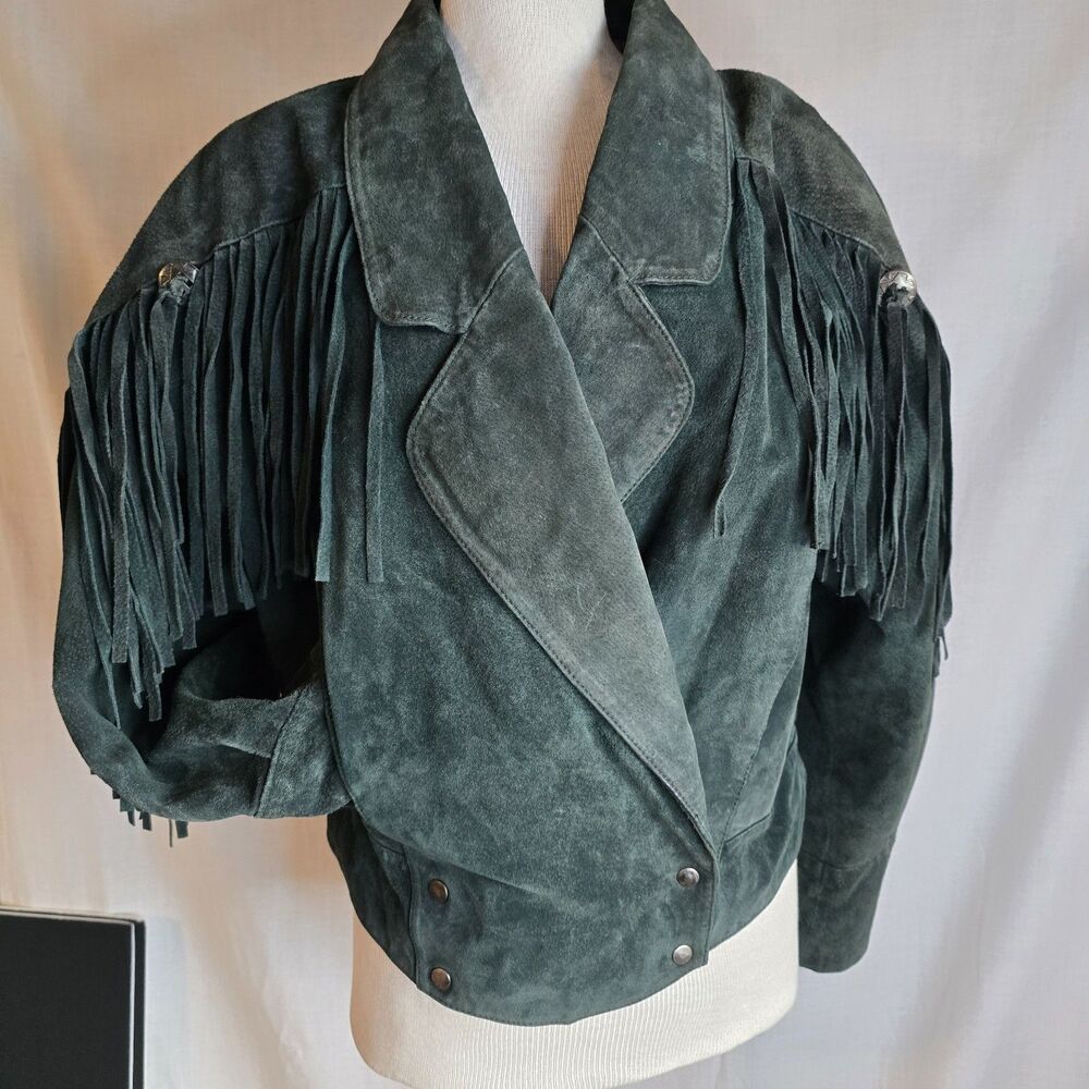 Vtg Rock Creek Fringed Suede Leather Cropped Jacket Dark green Large Western